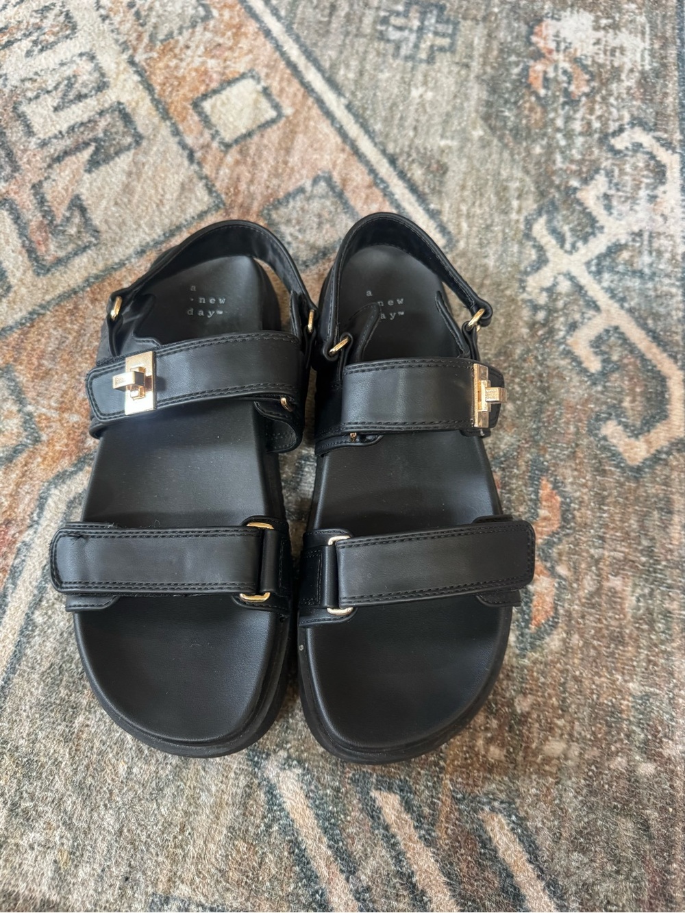 a new day Black Strappy Sandals with Gold Buckles